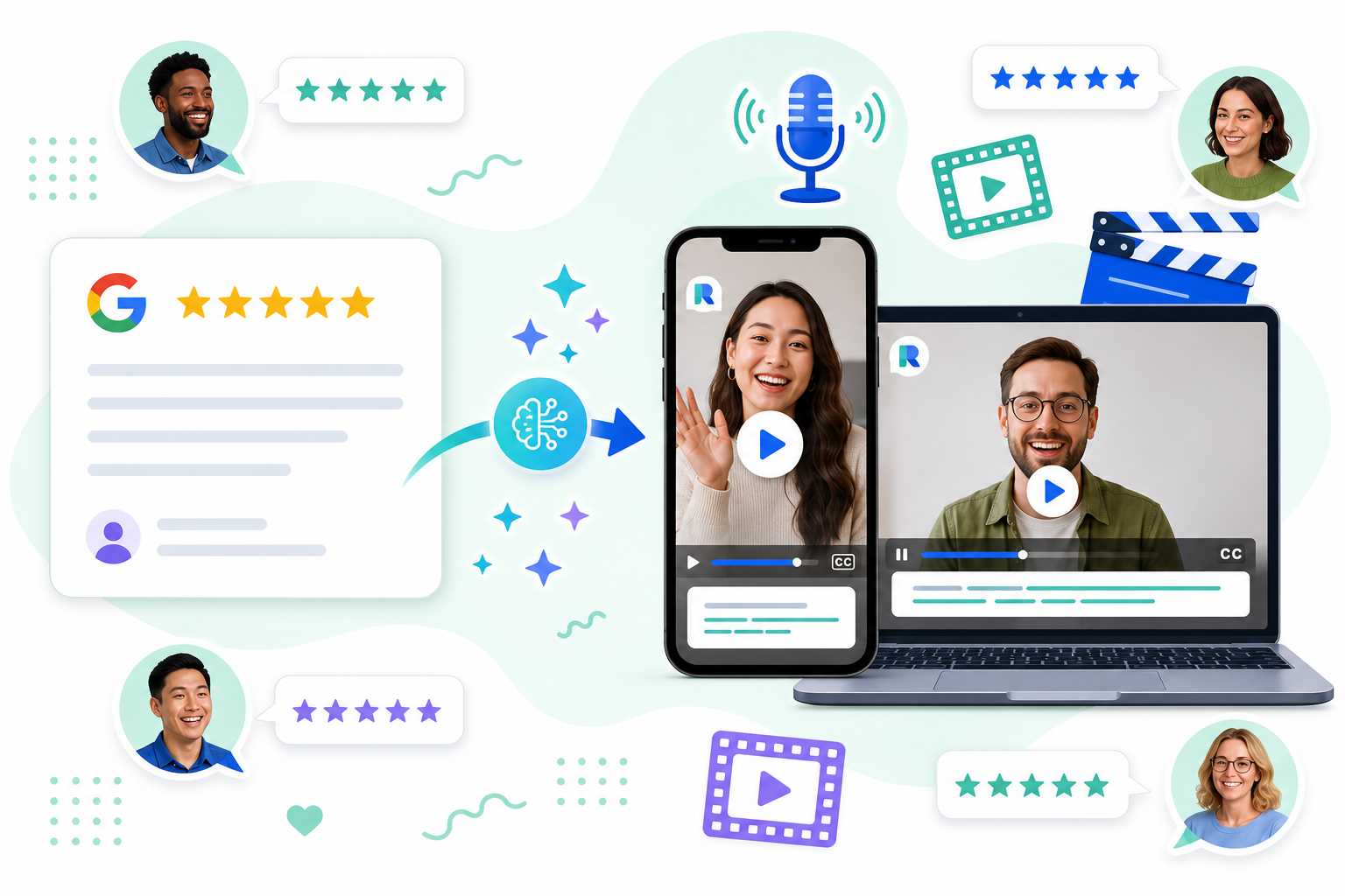 Illustration showing a written customer review transforming into branded AI video testimonials on phone and laptop