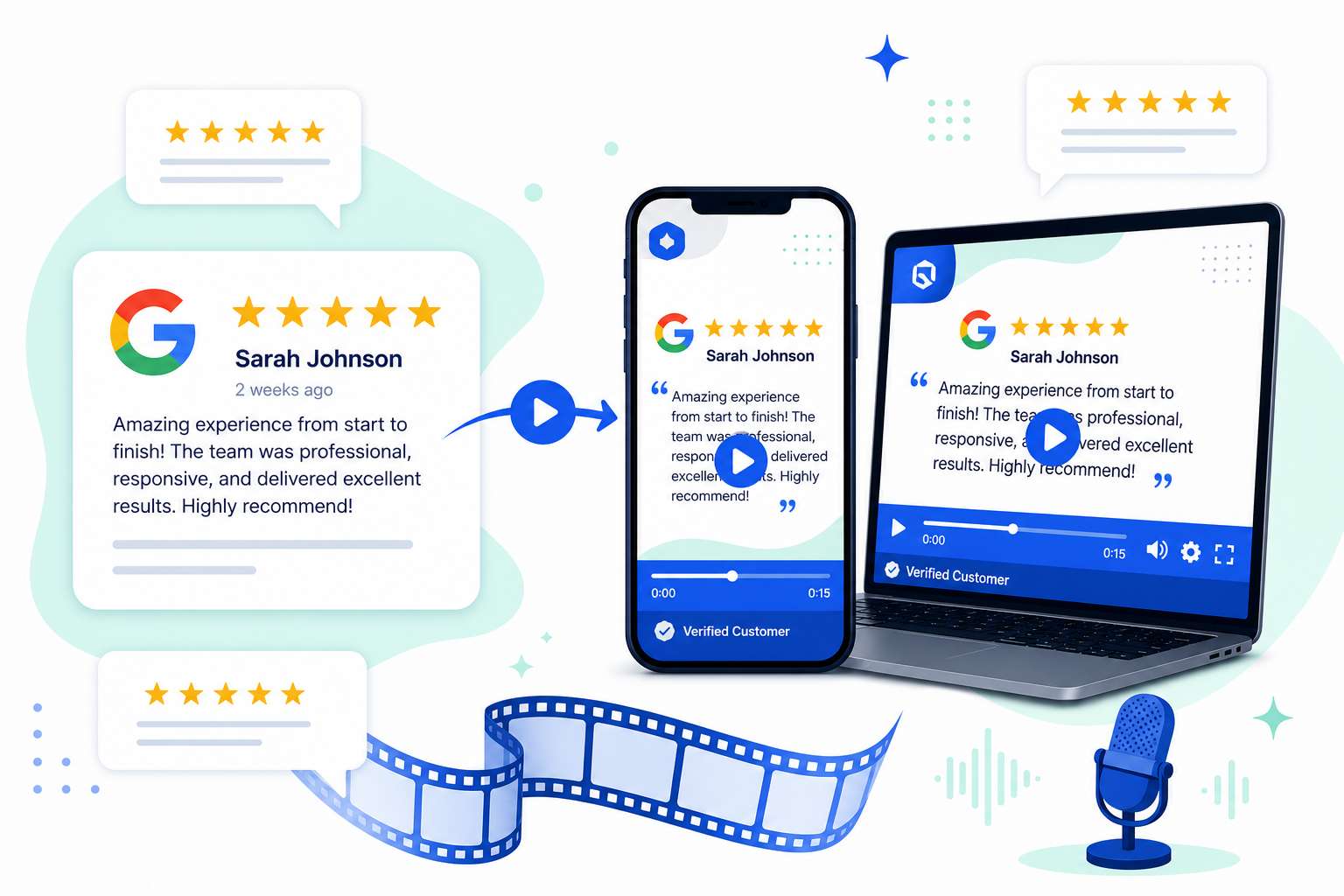 Illustration of Google review cards transforming into branded testimonial videos on a phone and laptop