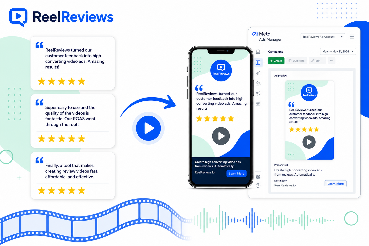 Illustration of customer review cards transforming into branded Meta video ads on a phone