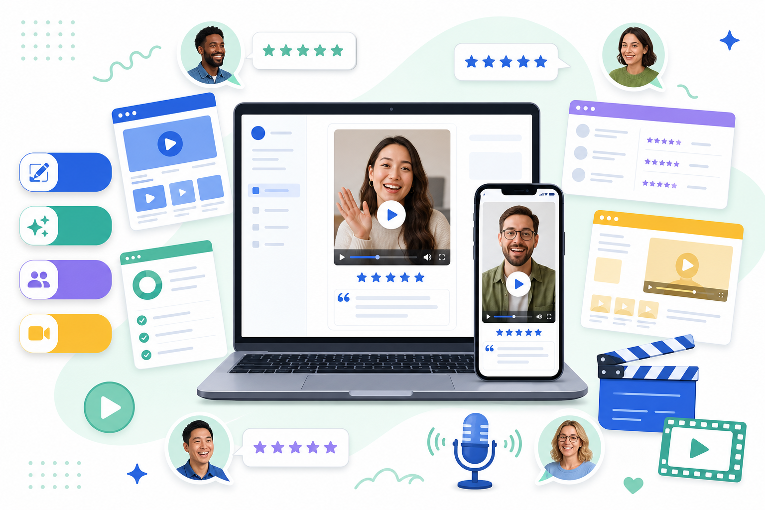 Illustration comparing video testimonial software — devices showing review videos, star ratings, and app-style UI panels